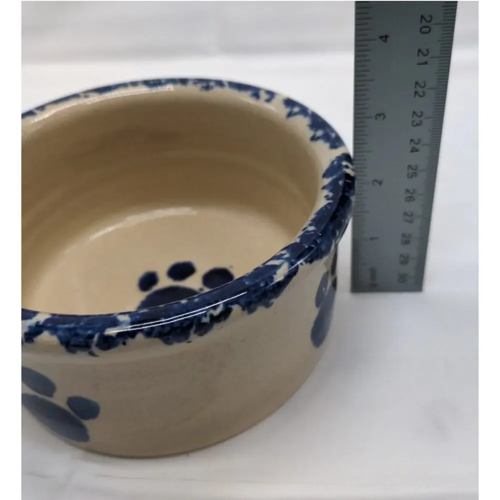 Yesteryears Hand Turned Stoneware Dog Bowl Signed Blue Pawprints USA Vintage